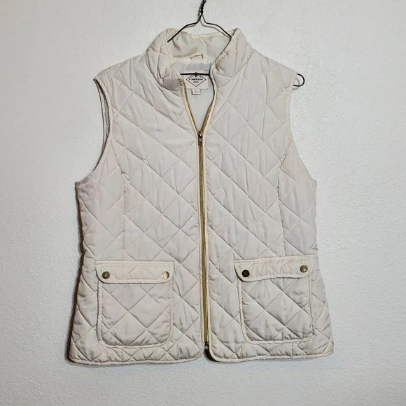 St. Johns Bay Womens Quilted Puffer Vest Large off white 2 Pockets Gold Zip - Picture 1 of 7